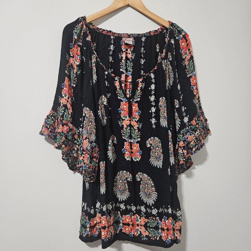 Bila Black Paisley Floral Peasant Blouse XL Tassel Tie Ruffle Bell Sleeve Rayon
